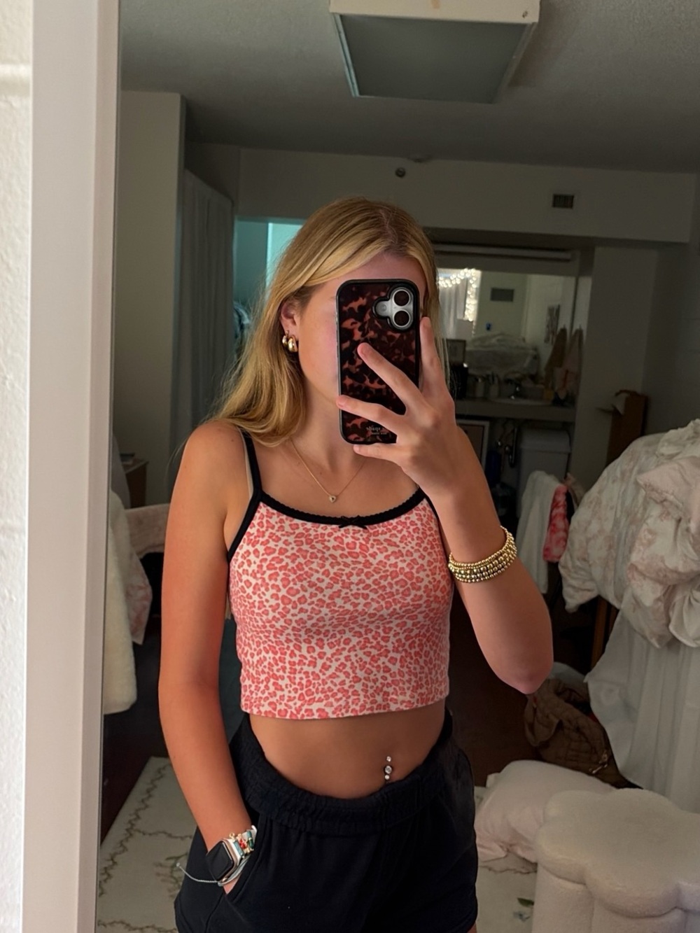 Brandy Melville Pink Leopard Print Cropped Cami with Black Trim